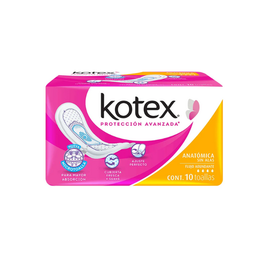 Kotex Toalla Anatomica Flujo Abundante Sin Alas 10 Piezas