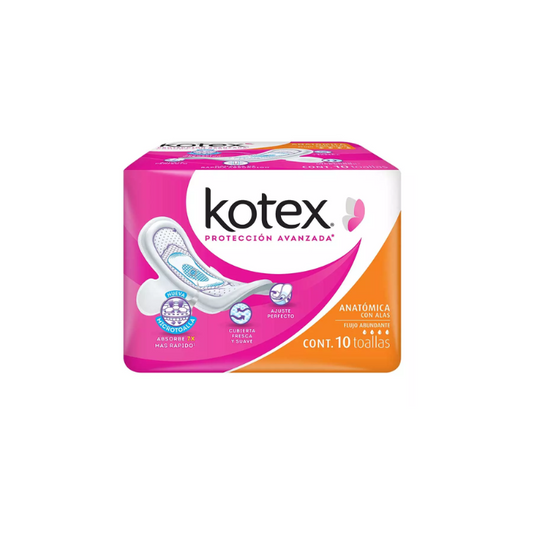 Kotex Toalla Anatomica Flujo Abundante con Alas 10 Piezas